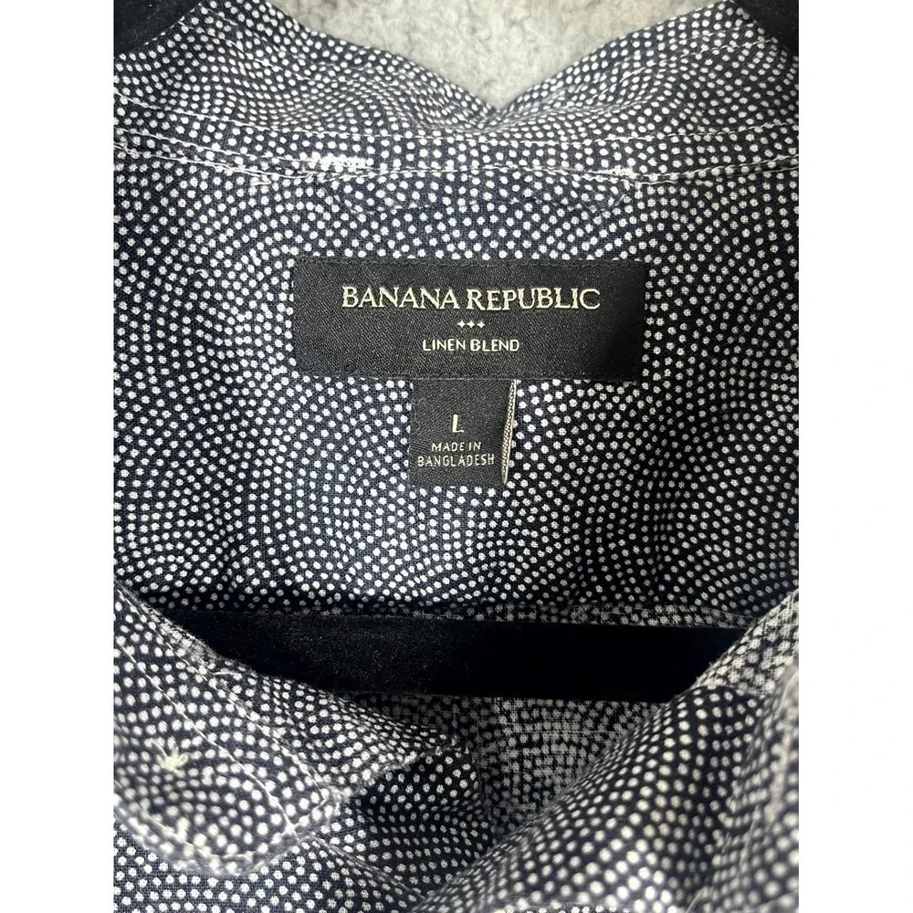 Banana Republic Shirt Men L Linen Blend Black White Dotted Wave Pattern Party